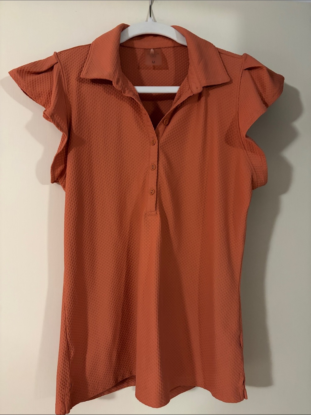 Women's Calla waffle weave Rust colored Flutter-Sleeve Polo Tee